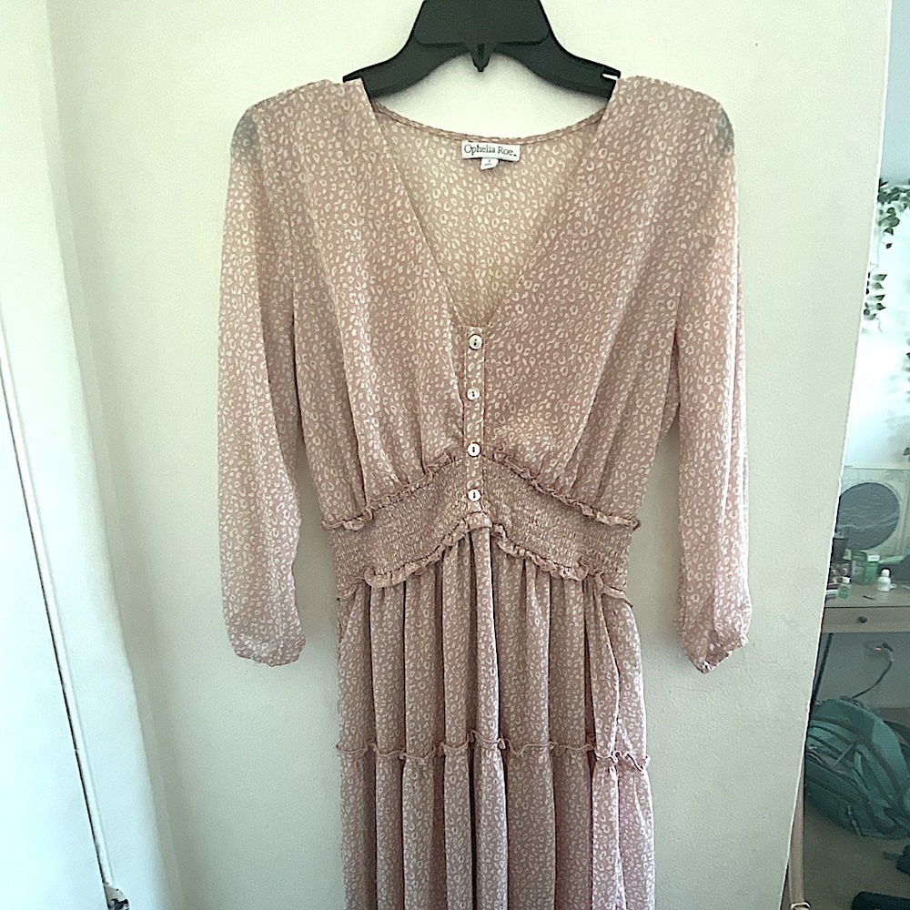Ophelia Roe (Size Small) Pink leopard print Midi Dress